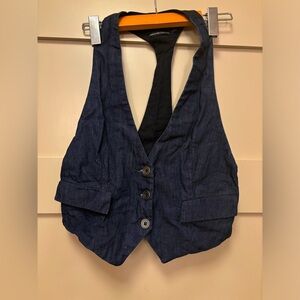 CLUB MONACO Dark Denim Stretch Cotton Vest Waistcoat V Sleeveless Top Open Back